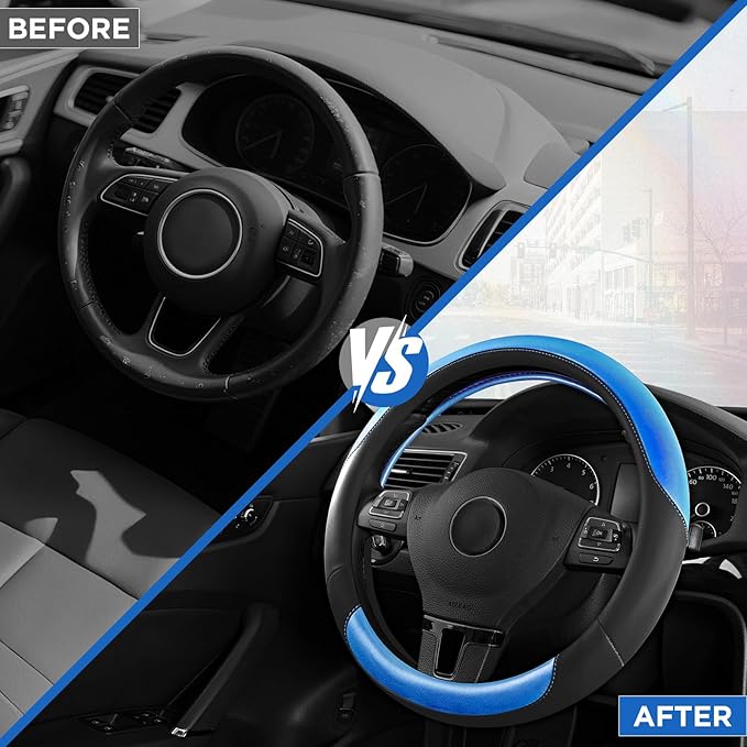 Road Comforts Steering Wheel Cover – Breathable Leather Steering Wheel Cover, Anti-Slip Grip, Universal Fit 14.5” to 15”, Heat & Cold Resistant for Cars, SUVs, and Trucks – Black & Metallic Blue