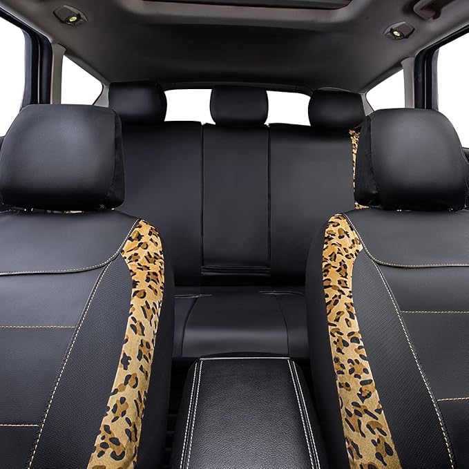 Flying Banner car seat Covers Protects Leopard Printing Velvet Faux Leather Carbon Fiber Front and Rear Bench (Leopard Brown Black, Full Set - 8PCS)