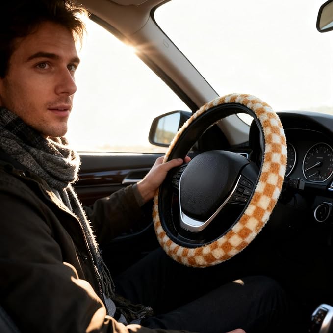 Yellow and White Checkered Fuzzy Steering Wheel Cover for Women, Universal Auto Steering Wheel 14-15 Inch Soft Warm Car Interior Accessories with 2PCS Car Coasters, Suitable for Men and Women