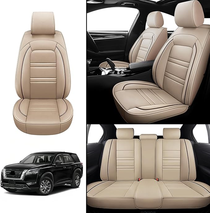 Seat Covers for Nissan Car Pathfinder 2000-2025 | 5-Seats Leather Seat Covers, Easy to Install Automotive Seat Covers Full Set (Full Set, Beige)
