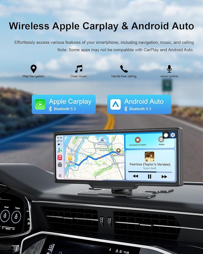 KLZHP001 Carplay Screen for Car, 10.26'' HD IPS Apple Carplay & Android Auto Screen, 4K Dash Cam, 1080P Rear Camera, Wireless Car Play Screen, Car Audio Receivers,GPS Navigation,Mirror Link,FM,Siri