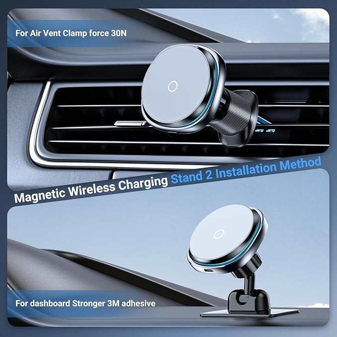 This Hill 15W Fast Magnetic Car Phone Mount - 2-in-1 Dashboard/Air Vent Mount with 360° Rotation & Secure Double Hook Clip, Compatible with MagSafe Case, iPhone, Samsung & More