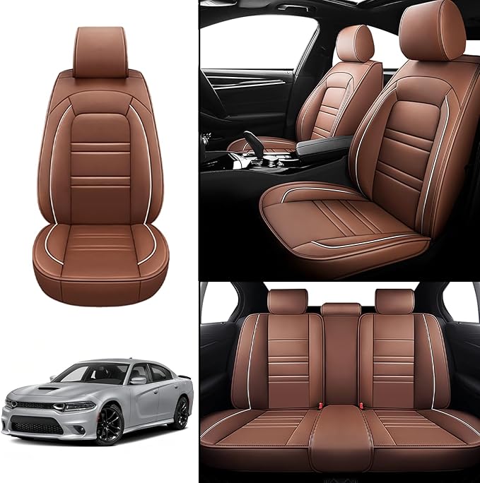 Seat Covers for Dodge Charger 2006-2023 | 5-Seats Leather Seat Covers, Easy to Install Automotive Seat Covers Full Set (Full Set, Coffee)