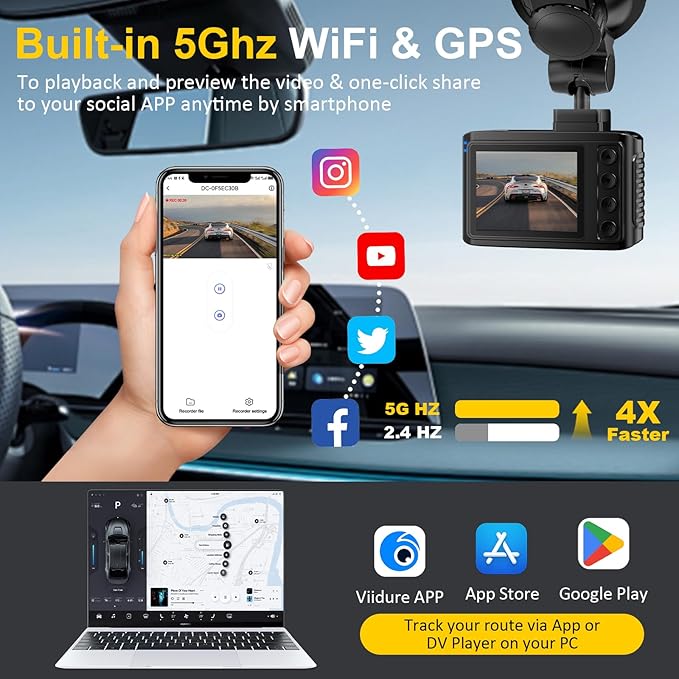 Dash Cam Front and Rear: 4K+2.5K Dual Channel Dash Cam-5GHz WiFi, GPS Dash Camera for Cars with 64GB Card, 2.0" IPS Screen, App Control,G-Sensor,Loop Recording,170°Wide Angle,Night Vision,Parking Mode