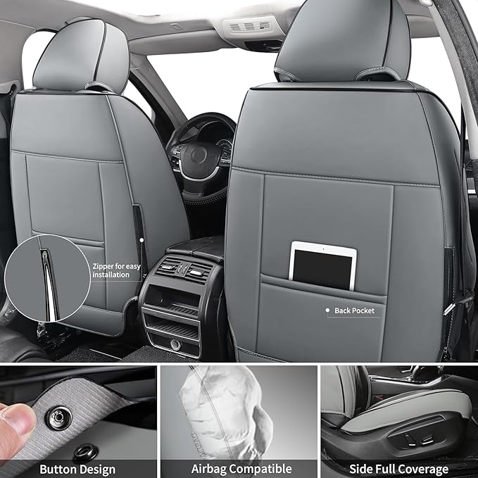 Tomatoman Car Seat Covers Full Set,Universal Automotive Leather Vehicle Cushion Full Coverage Protectors Fit for Most Sedans SUV Pick-up Truck(Full Set/Black-Grey)