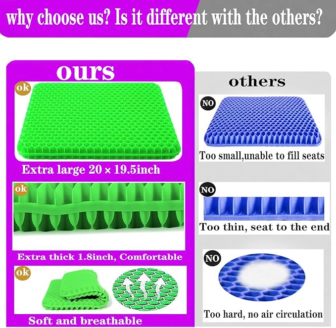 Plus Size Gel Seat Cushion, Extra Large and Thick, Seat Cushion for Pressure Relief for Back, Hip, Sciatica, Tailbone Pain, Used for Office, Wheelchair, Car, Truck, Recliner, Stadium.(Green)