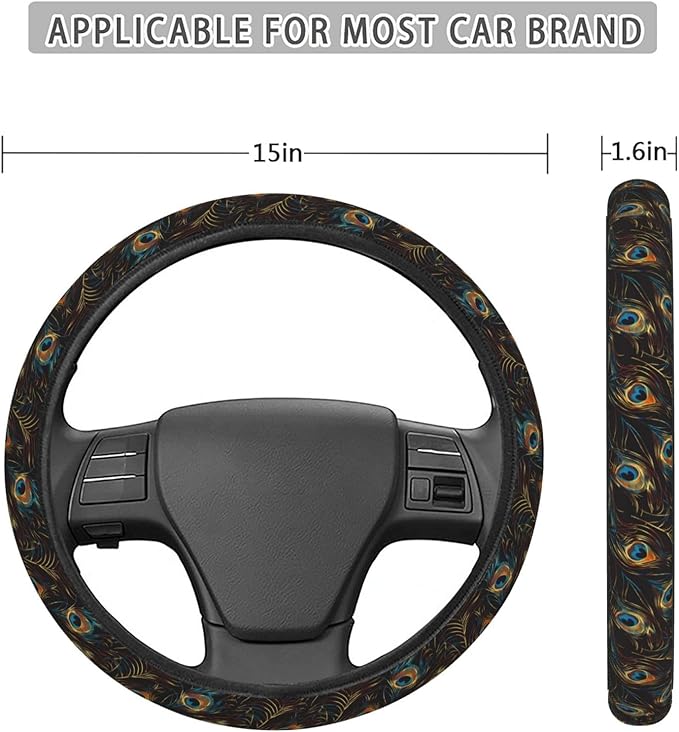 Peacock Feather Pattern Steering Wheel Covers Anti-Slip Elasticity Car Accessories Steering Wheel Protector Universal 15 Inch for Cars SUV Vehicle Truck