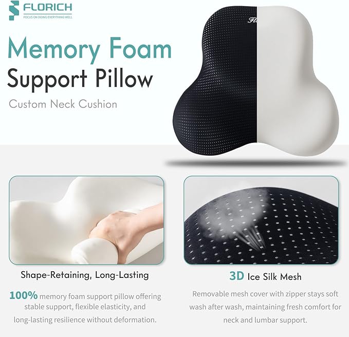 FLORICH Lumbar Support Pillow and Neck Headrest Pillow for Office Chair Car, Ergonomic Memory Foam, Relieves Neck, Back Pain, Pressure-Relieving Back Support for Car, Office Chair & Wheelchair – Black