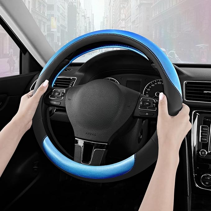 Road Comforts Steering Wheel Cover – Breathable Leather Steering Wheel Cover, Anti-Slip Grip, Universal Fit 14.5” to 15”, Heat & Cold Resistant for Cars, SUVs, and Trucks – Black & Metallic Blue