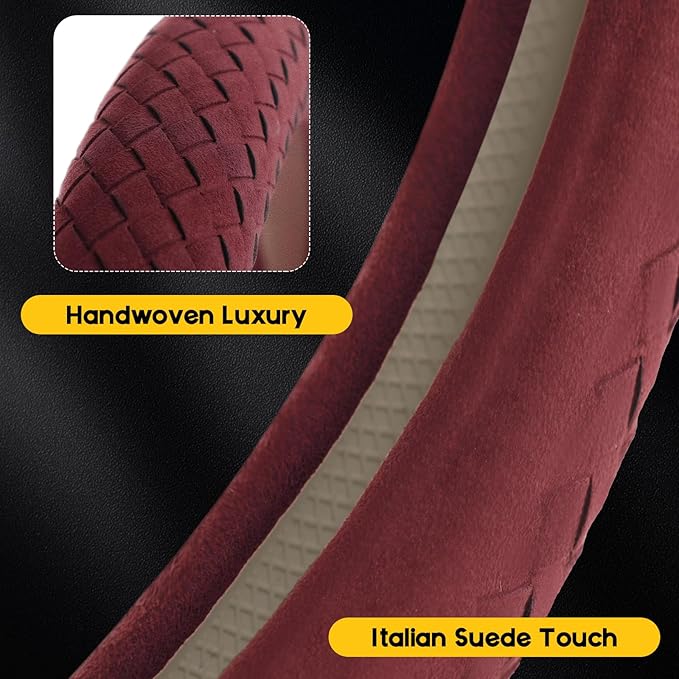 Suede Steering Wheel Cover with Upgraded Silicone Inner Ring, Breathable, Anti-Slip, Leather Universal 14.5 to 15 Inch Steering Wheel Cover (Burgundy with Handwoven Craft)