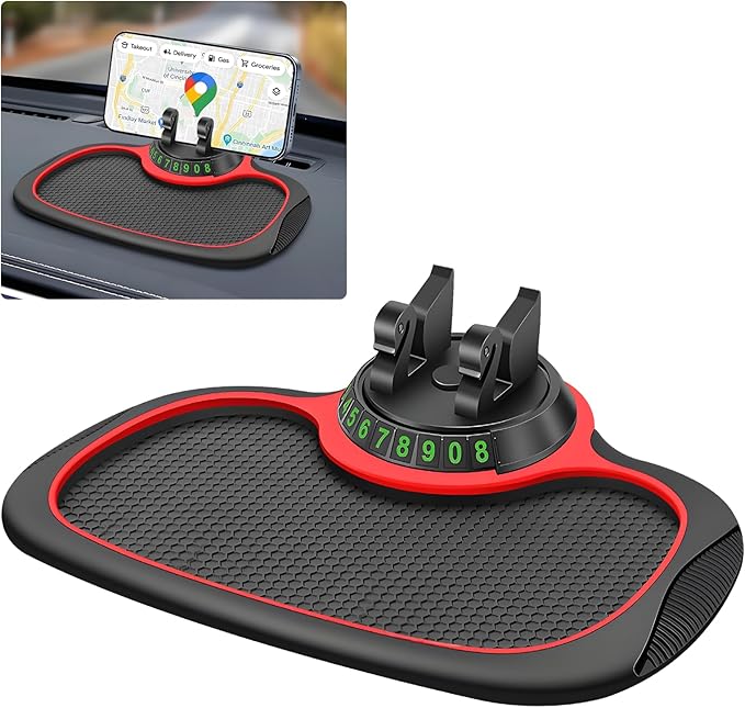 Wuyaoyao Multifunction Car Anti-Slip Mat Auto Phone Holder, PVC Car Dashboard Non-Slip Pad Phone Mount with Temporary Parking Number, Automotive Sticky Dash Pad for Phones, Keys, Gadgets (Black+Red)