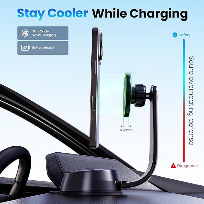 Upgrade [Qi2-Certified] 15W for MagSafe Wireless Car Charger Mount, 2XFast Charging[90+LBS Safe Suction] Magnetic Phone Holder Dashboard Windshield for iPhone 17/16/15/14/13/12 Pro Max,Black