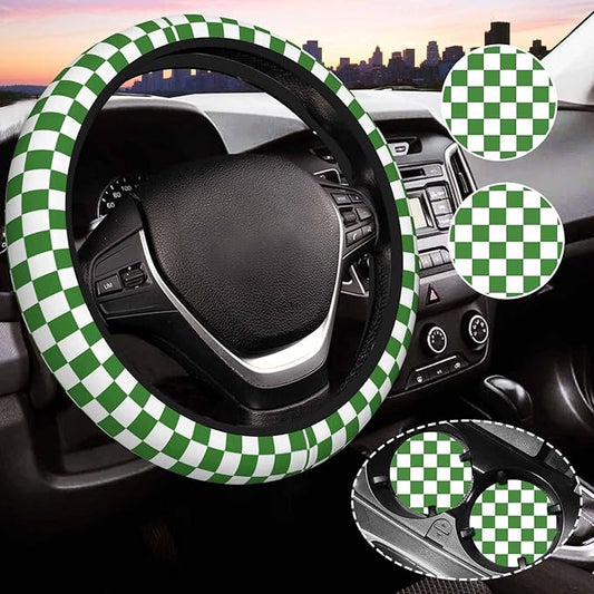 Green and White Checkered Steering Wheel Cover for Women, Universal Auto Steering Wheel 14-15 Inch Car Interior Accessories with 2PCS Car Coasters, Suitable for Men and Women