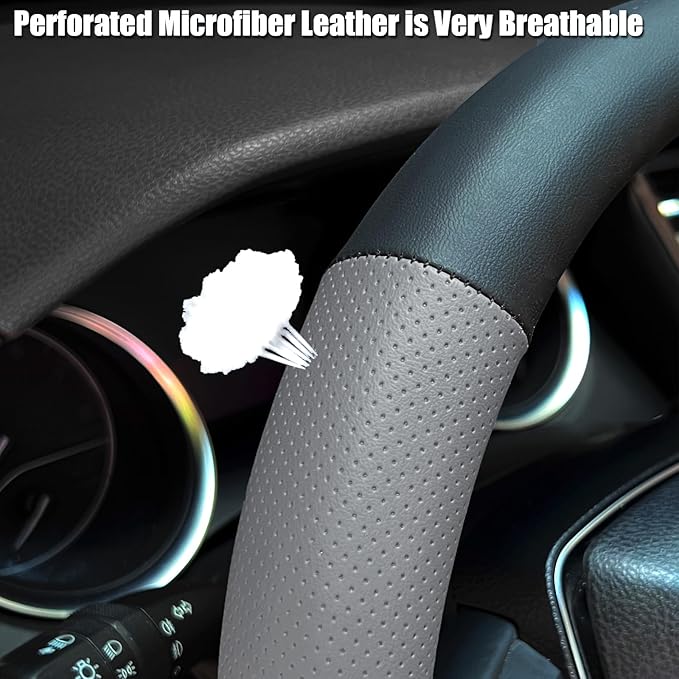 Steering Wheel Cover Standard Size 14.5-15 inch, Non-Slip Car Wheel Cover Protector, Breathable Microfiber Leather, Black and Gray