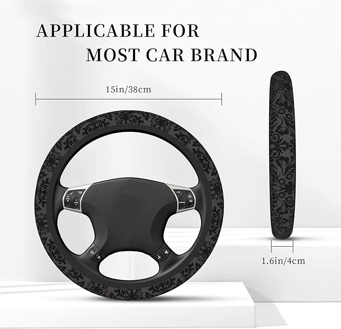 Vintage Black Floral Steering Wheel Covers Universal 15 Inch Car Wheel Cover,Anti-Slip Breathable Car Accessories Protector Fit for Trucks,Sedans,SUVs,Vans