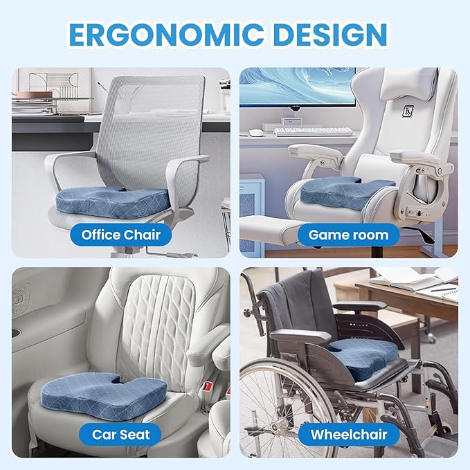 TushGuard Office/Car Seat Cushion, Non-Slip Sciatica & Back Coccyx Tailbone Pain Relief Chair Pad, Memory Foam Butt Pillow for Computer Desk, Wheelchair, Driving (Light Blue, X-Large)