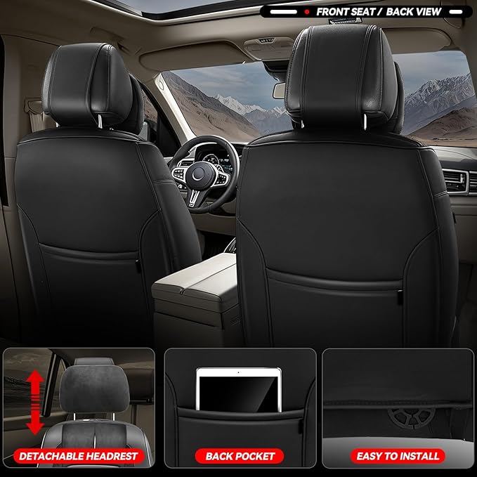 Auto Dynasty Car Seat Covers Front Set, Anti-Slip Automotive Interior Covers with Storage Pocket, Breathable Car Seat Protectors, Airbag Compatible, Universal Fit Most Vehicles, Black (Voris Series)