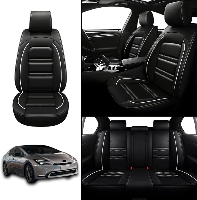 Seat Covers for Toyota Prius 2001-2025 | 5-Seats Leather Seat Covers, Easy to Install Automotive Seat Covers Full Set (Full Set, Black&White Line)