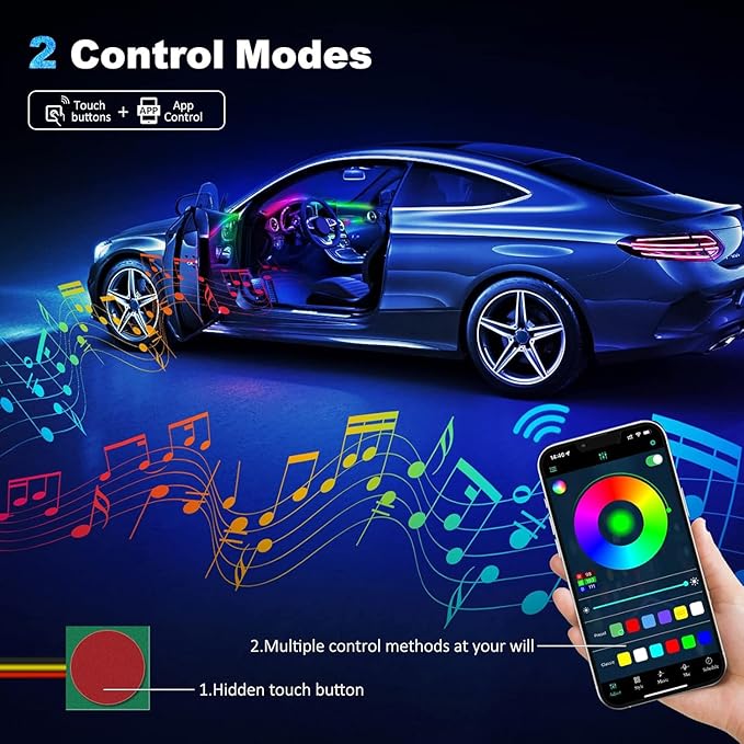 Acrylic Interior Car LED Strip Light with Wireless APP, RGB Dreamcolor 2 in 1 Ambient Lighting Kits, 16 Million Colors Sound Active Function Car Neon Lights, Sync to Music (dreamcolor 2 in 1)