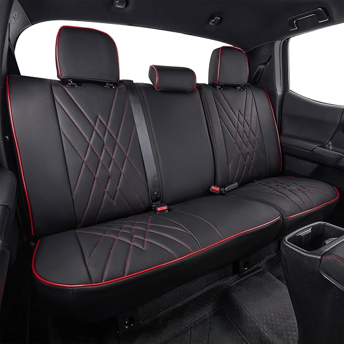 EKR Custom Fit Tacoma Car Seat Covers for Select Toyota Tacoma 2016 2017 2018 2019 2020 2021 2022 2023 Access Cab - Full Set,Leather(Black with Red Trim)