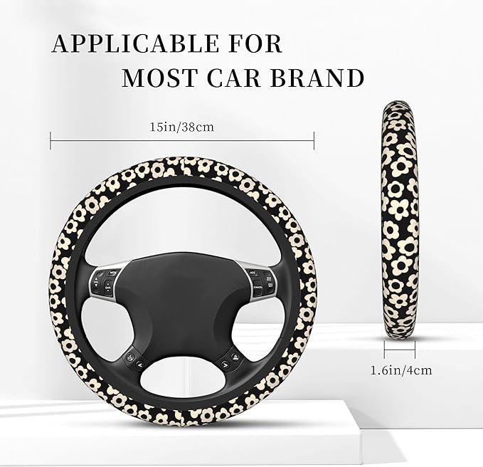 White Flower Cute Steering Wheel Cover for Women, Universal 15 inch Breathable Anti Slip Steering Wheel Covers for Cars, Auto, SUVs
