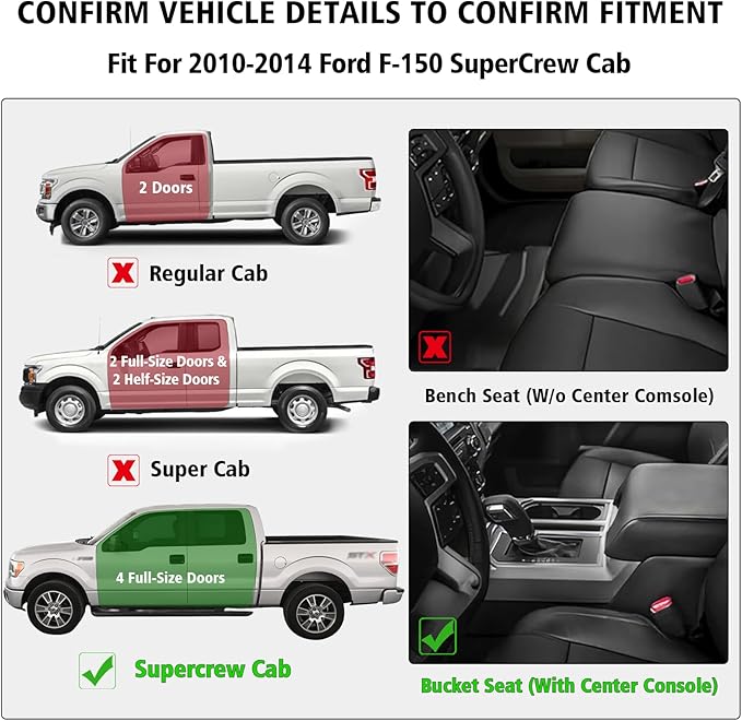 All Weather Floor Mats for 2010-2014 Ford F150 SuperCrew/Crew Cab with 1st Row Bucket Seat, TPE Rubber Floor Liners Anti-Slip Full Set Automotive Mats for 2014 F150 Accessories