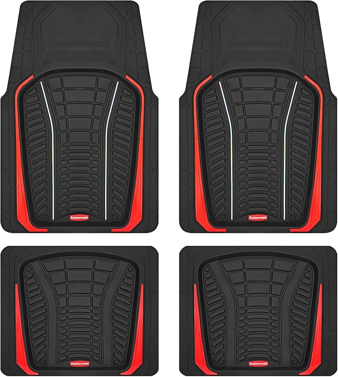 Rubbermaid Car Floor Mats Full Set – Premium All-Weather Car Mat with Brushed Aluminum Inserts, Universal Trim-to-Fit Design, Anti-Slip Backing for Cars, SUVs, Trucks, and Vans