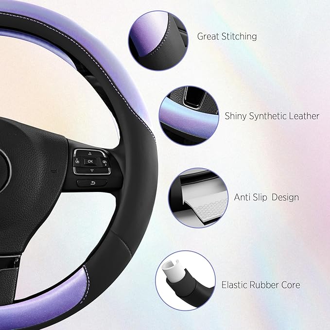 Road Comforts Steering Wheel Cover – Breathable Leather Steering Wheel Cover, Anti-Slip Grip, Universal Fit 14.5” to 15”, Heat & Cold Resistant for Cars, SUVs, and Trucks – Black & Shining Purple