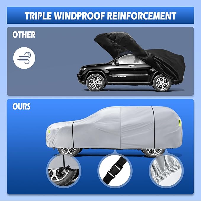 6 Layers Car Cover Waterproof All Weather for Automobiles, SUV Size A6 Universal Fit for Toyota RAV4 /4Runner, Honda CRV, Hyundai Santa Fe, Nissan Rogue(182-190 inch), Silver