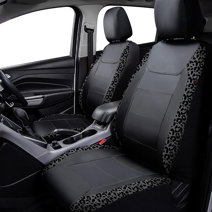 Flying Banner Carbon Fiber Leather Vehicle Seat Covers, Leopard Gray Black, Universal Fit - 8PCS