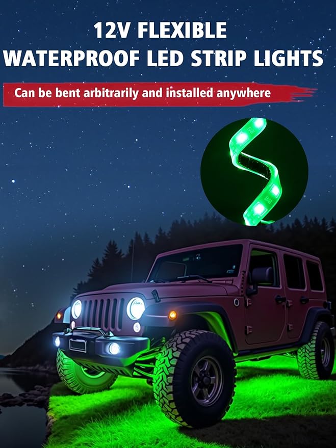YM E-Bright 4Pcs Led Strip Lights for Car, 12inch Waterproof IP68 Car Underglow Strip Lights Decoration 18SMD 12V Led Interior Exterior Lights Strip for Cars Motorcycles Truck Golf Cart Boat - Green