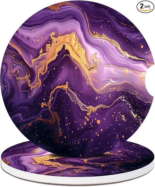 2 Pack Car Cup Holder Coaster-Purple Marble Absorbent Ceramic Coaster, Car Coasters for Cup Holders,Auto Accessories for Women & Men