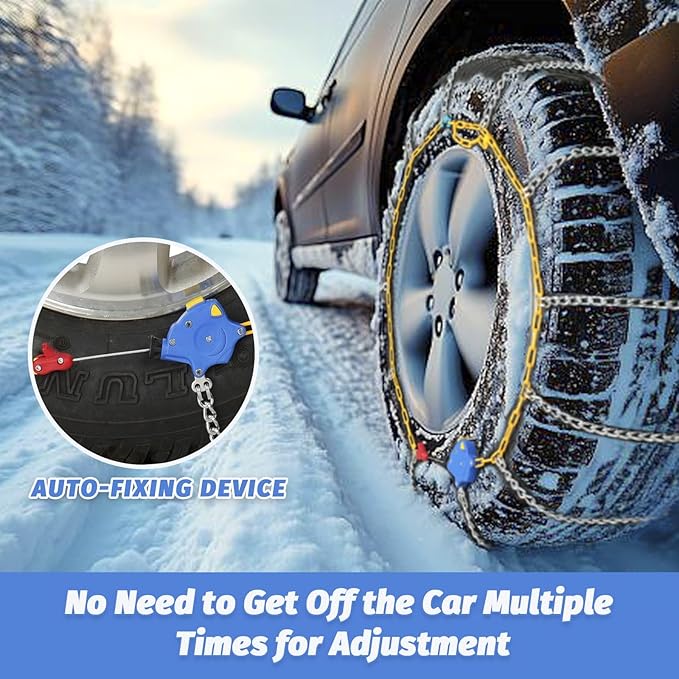 Auto Fixing Snow Chains, 2 x 12 mm, 30s Quick Installation of Tire Chains with Automatic Tensioner, Universal Emergency Tire Traction Chain for Cars, Pickups, and SUVs (HLN 110)