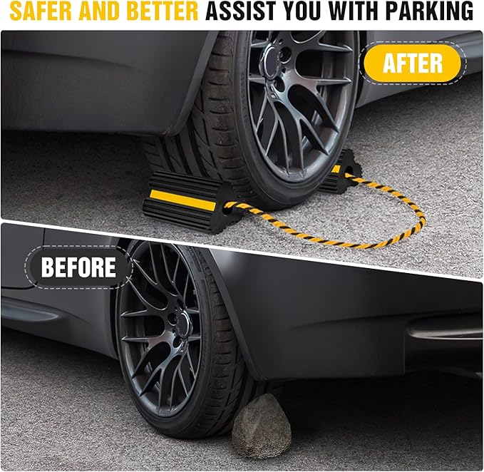 Nilight Wheel Chocks RV Car Heavy Duty Rubber Tire Chock Blocks Stopper Yellow Reflective Strips Stabilizer 2 Pack with Rope for RVs Cars Travel Trailers Campers Trucks Motorcycle Accessories Parking