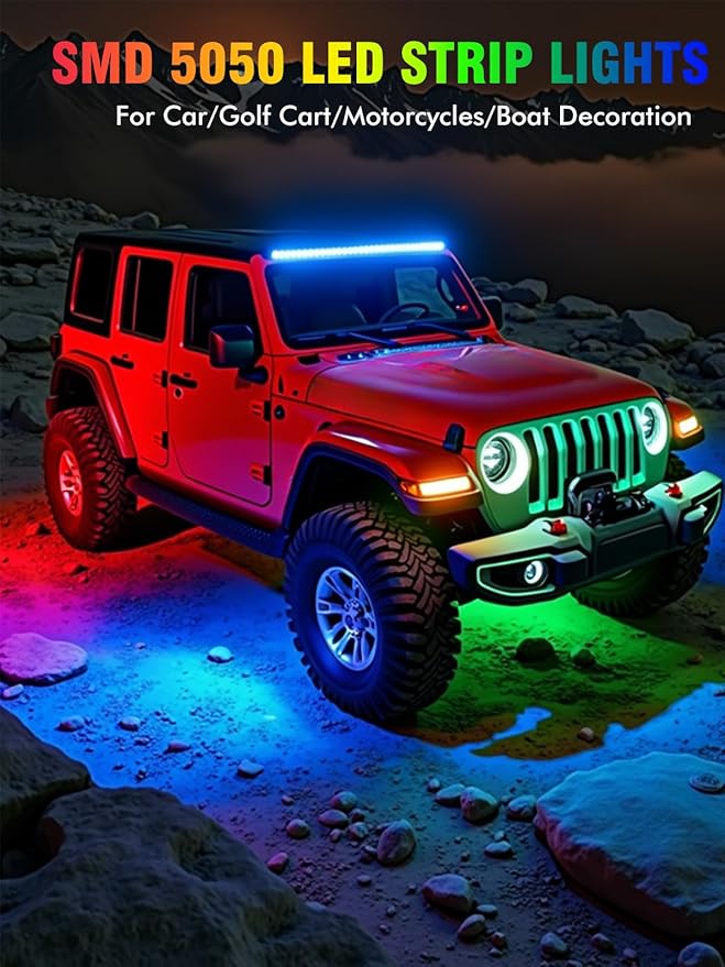 8 Pcs Car Led Light Strip IP67 Waterproof 11" Flexible Led Lights Underglow 12V for Car Motorcycle Boat Golf Cart Interior Exterior Decoration - Green, Blue, Red, White