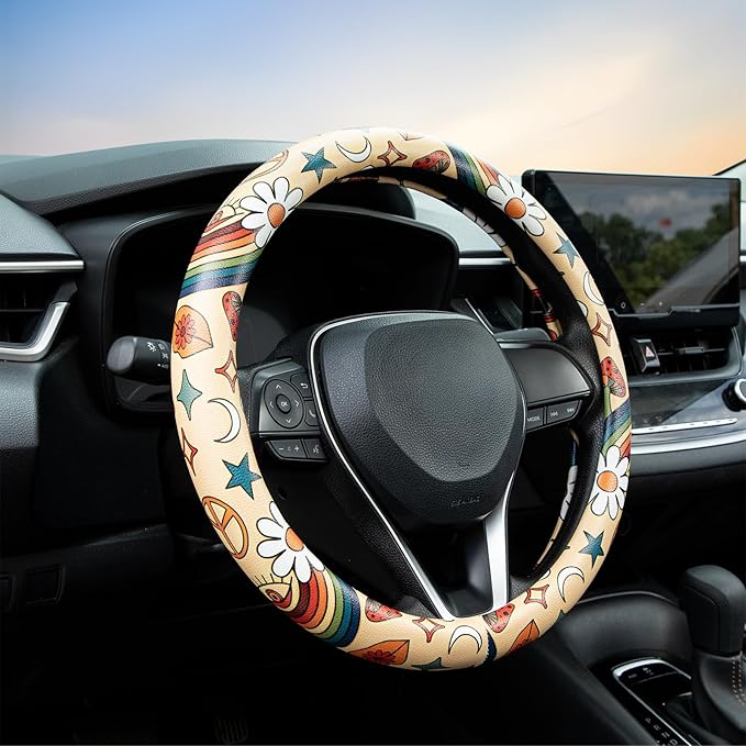 Rainbow Love&Peace Steering Wheel Cover Auto Jacquard Steering Wheel Protector, Anti-Slip, Breathable, Absorbing Sweat, Universal Car Accessories 14.5–15 inch,Fit for Most Car, Trucks, SUV