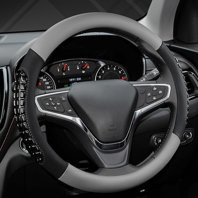 West Llama Nappa Leather Car Steering Wheel Cover Gel Massage,Cool in Summer,Universal 15 inch(Gray+Black-Standard Size)