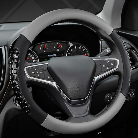 West Llama Nappa Leather Car Steering Wheel Cover Gel Massage,Cool in Summer,Universal 15 inch(Gray+Black-Standard Size)