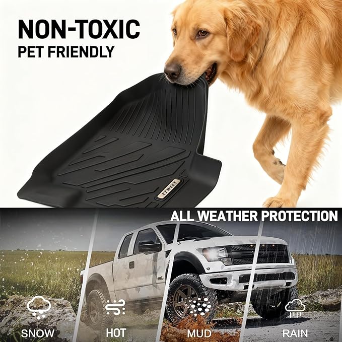 TPE All-Weather Floor Mats for 2015-2025 Ford F-150 | F-150 Lightning SuperCrew Cab (Rear w/o Fold Flat Storage) - 1st & 2nd Row, 3pcs Black | Mud Proof & Easy to Clean Car Liners Truck Mats