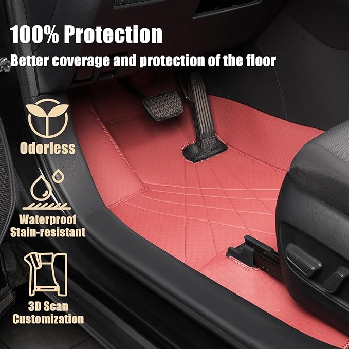 EKR Custom Floor Mats for Tesla Model 3 2024-2025, Front & 2nd Row Luxury Car Floor Mat Fit Model 3 2024 2025 - Leatherette Floor Liners (Burgundy)