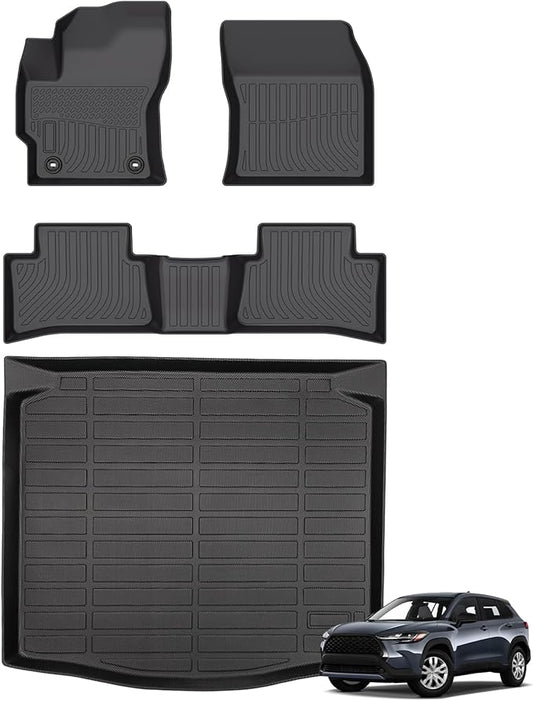 Floor Mats & Cargo Liner for Toyota Corolla Cross FWD (Not for Hybrid) 2022-2024, All Weather Automotive TPE Floor Liners Set Anti-Slip Waterproof Accessories (Car Mats+Trunk Mat) Black