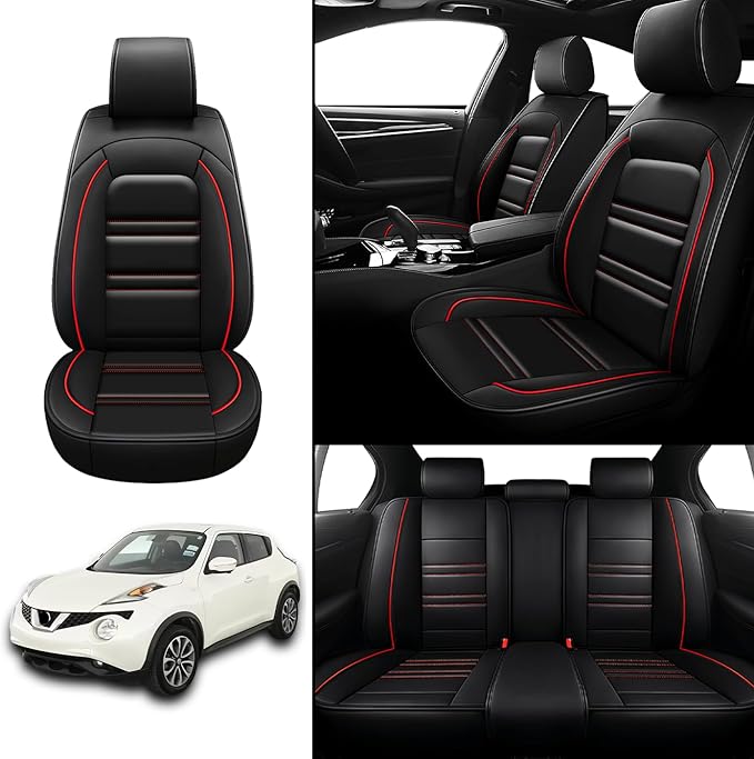 Seat Covers for Nissan Car Juke 2011-2017 | 5-Seats Leather Seat Covers, Easy to Install Automotive Seat Covers Full Set (Full Set, Black&Red Line)