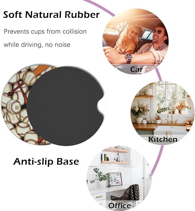 2 Pcs Car Cup Coasters, Baseball Sport Universal Non-Slip Rubber Car Coasters for Cup Holders 2.75 inch, Car Interior Accessories for Men