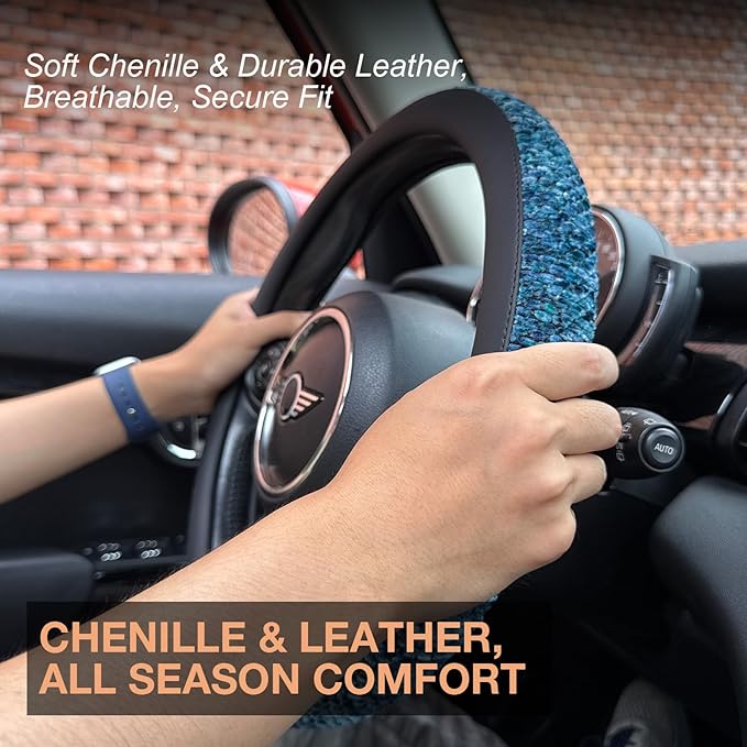 PINCTROT Chenille Leather Steering Wheel Cover, Soft Mottled Colors, Sweat-Proof, Non-Slip Grip, All-Season Comfort, Universal 14.5-15 Inch(Mottled Blue)