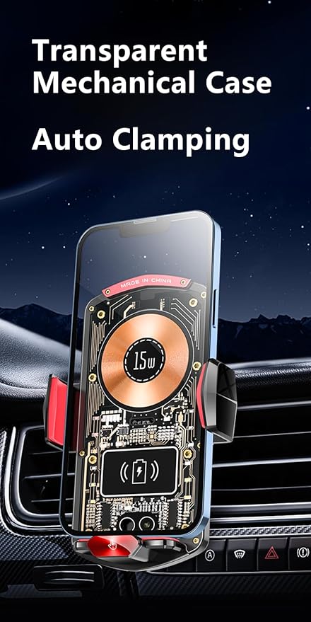 Wireless Car Charger Mount,Phone Holder,15W Fast Charging, Air Vent Clamp,Auto Clamping,360° Rotating Ball Joint,Transparent Case,Compatible with iPhone 16/15/14/13/12/11/10, Samsung Galaxy Series