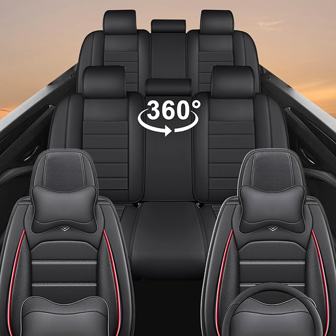 Seat Covers Fit for Acura MDX 2001-2025, 7 Seat, Compatible Airbag Non-Slip Waterproof Leather Seat Cover, Luxury Interior Full Set with Pillow Steering Wheel Covers, Black Red