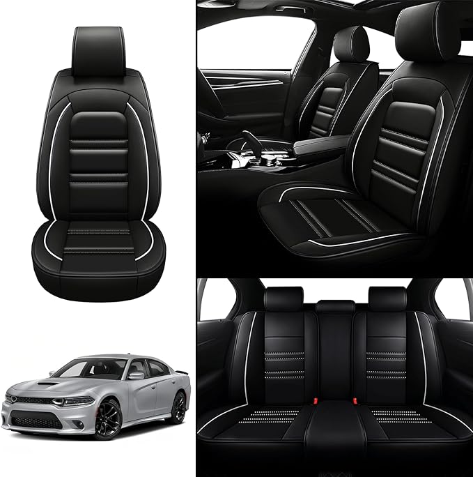 Seat Covers for Dodge Charger 2006-2023 | 5-Seats Leather Seat Covers, Easy to Install Automotive Seat Covers Full Set (Full Set, Black&White Line)