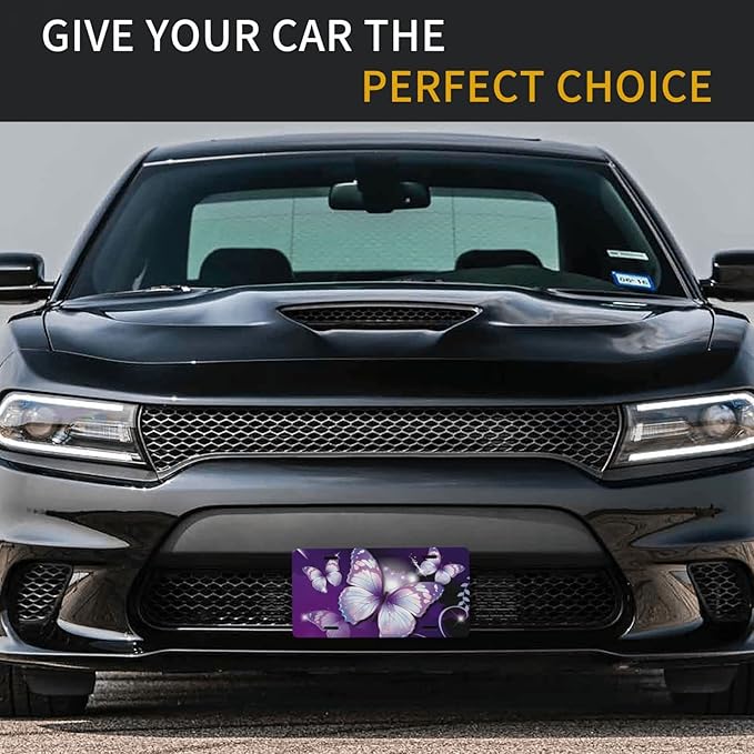 Purple Flower and Butterflies Front License Plate Aluminum Decorative License Plates Funny Metal Car Plate 6"X12" Novelty Vanity Tag Cover with 4 Holes Car Decor Accessory