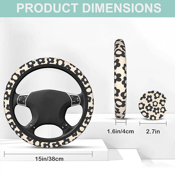 Vintage Black Flowers Steering Wheel Cover for Women Men,Anti-Slip Breathable Car Steering Wheel Cover Elastic Protection with 2 Pieces Car Coasters,Universal 15" Fit Auto,Suvs,Truck