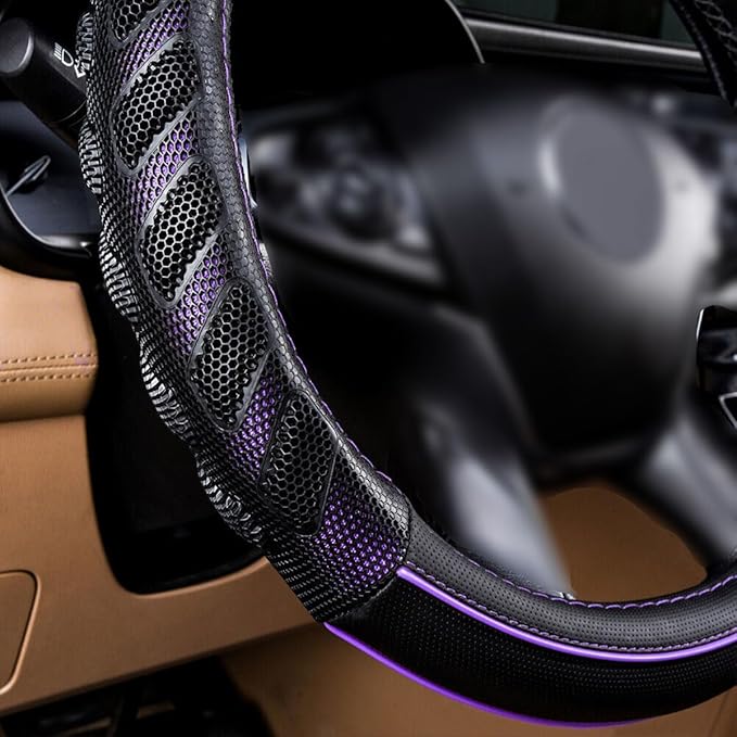 Flying Banner car Steering Wheel Cover Faux Leather Massage Universal fit 3D Honeycomb Hole Anti-Slip Sporty 15 Inches (Purple Black)